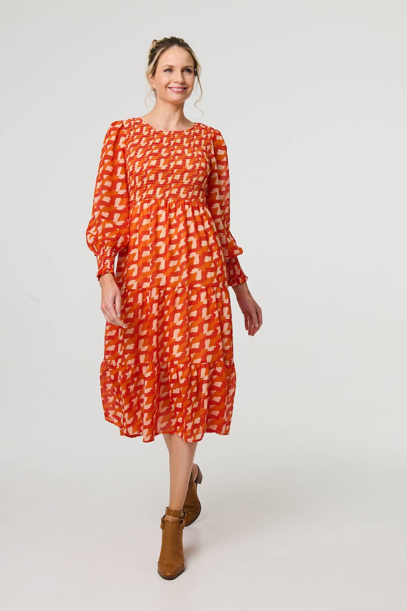 Izabel London Printed Long Puff Sleeve Midi Smock Dress