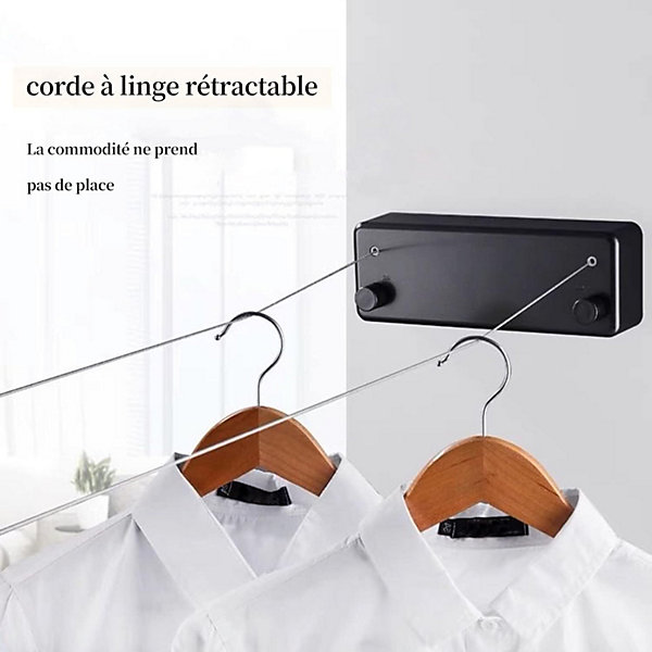BASHLWUA Noir Corde à linge rétractable pour intérieur et extérieur - Robuste, 2 fils à linge de 4,2 m en acier inoxydable, fixati