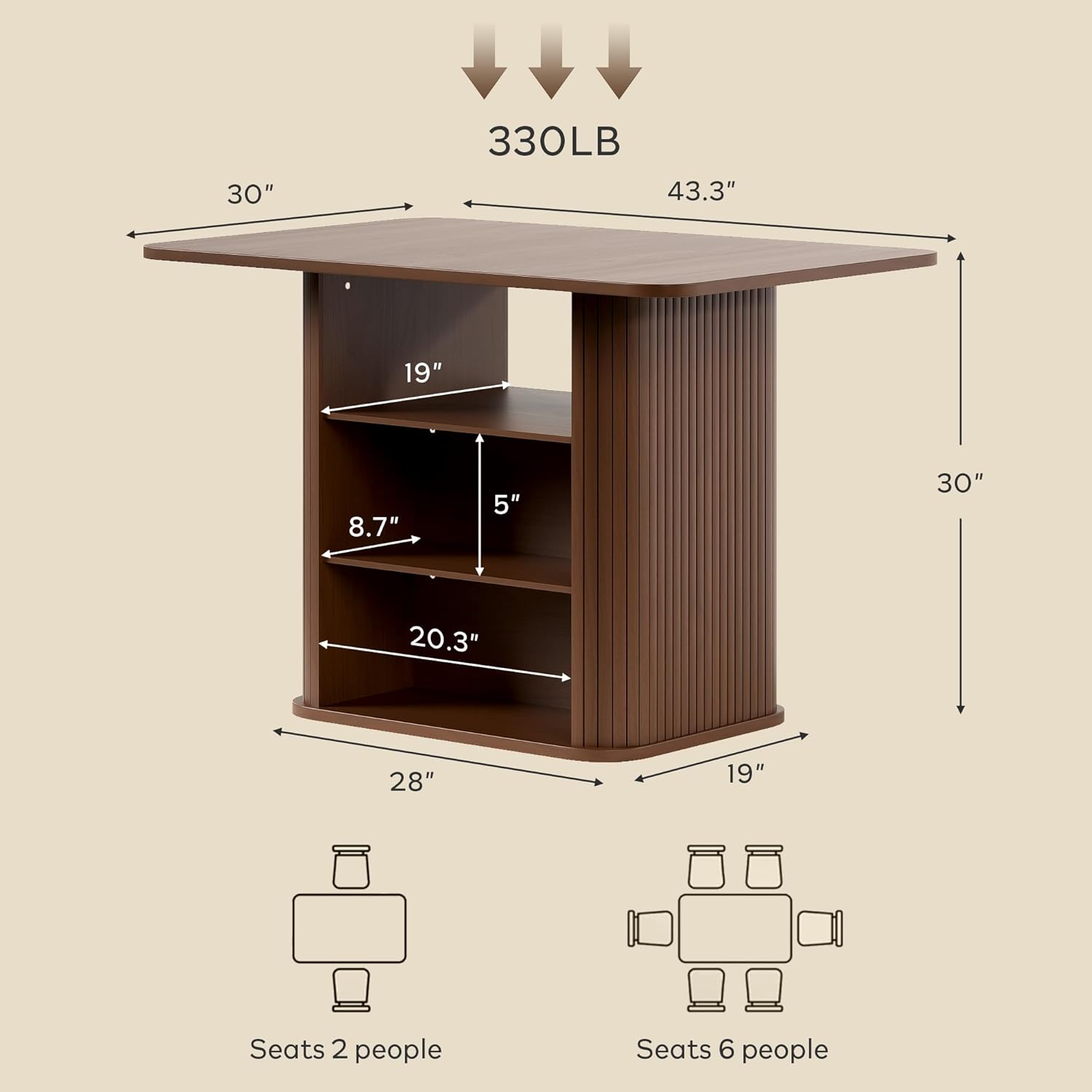FUQARHY Dining Table for 4, Small Rectangular Kitchen Table for 2 with 3-Tier Storage Shelf, Farmhouse Modern Fluted Wood Table (Walnut)