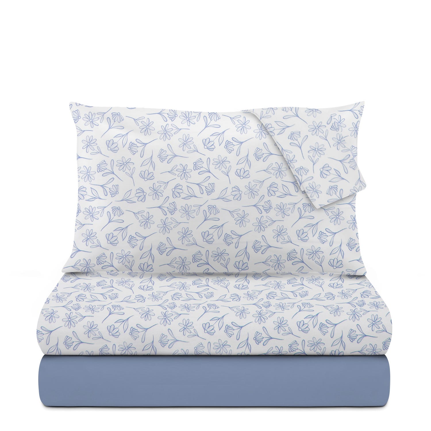 Completo letto matrimoniale fiori blu cotone