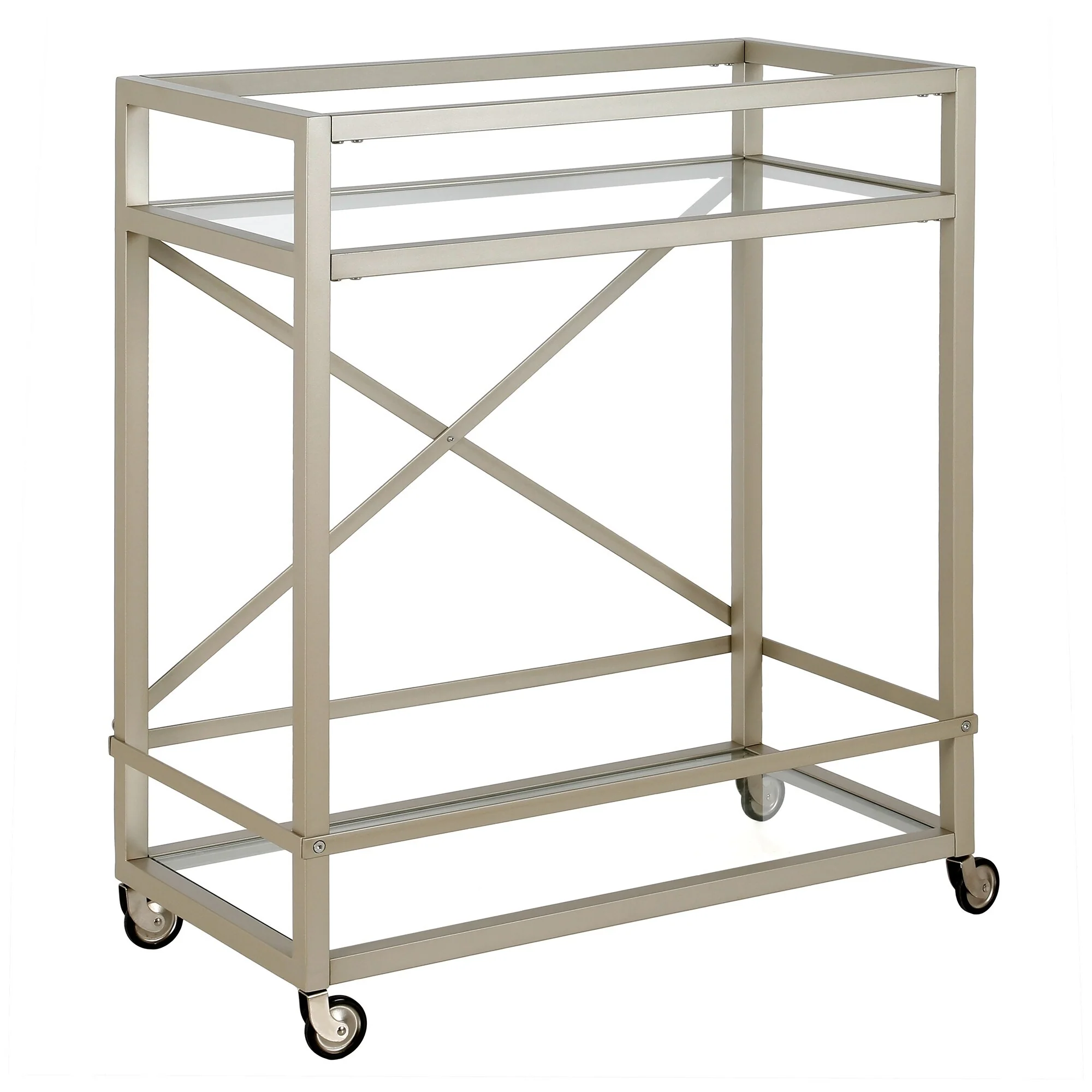 Modern Industrial Rolling Bar Cart with Glass Top and Blackened Bronze Frame 2 Shelves with Wheels