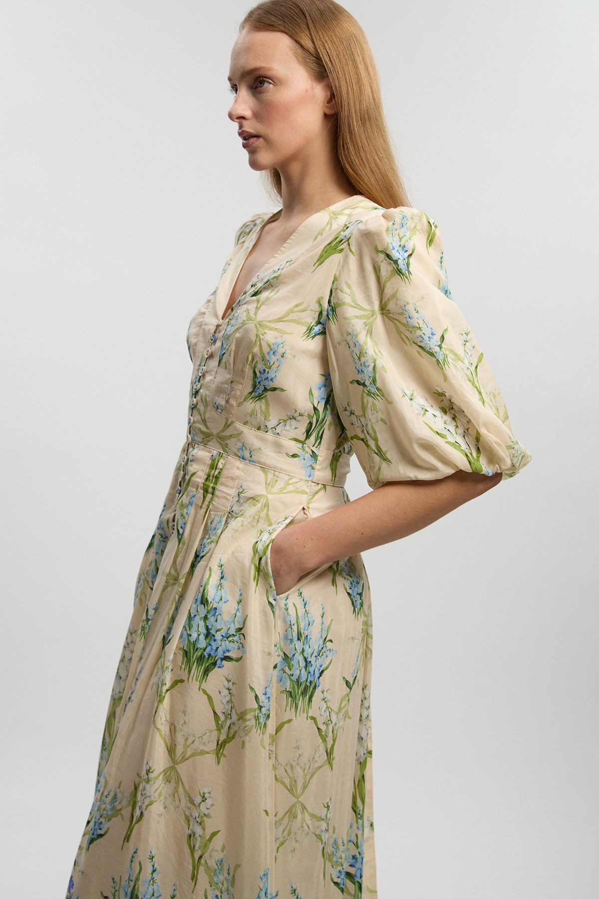 KarenMillen Silk Cotton Trailing Floral Puff Sleeve Midi Dress