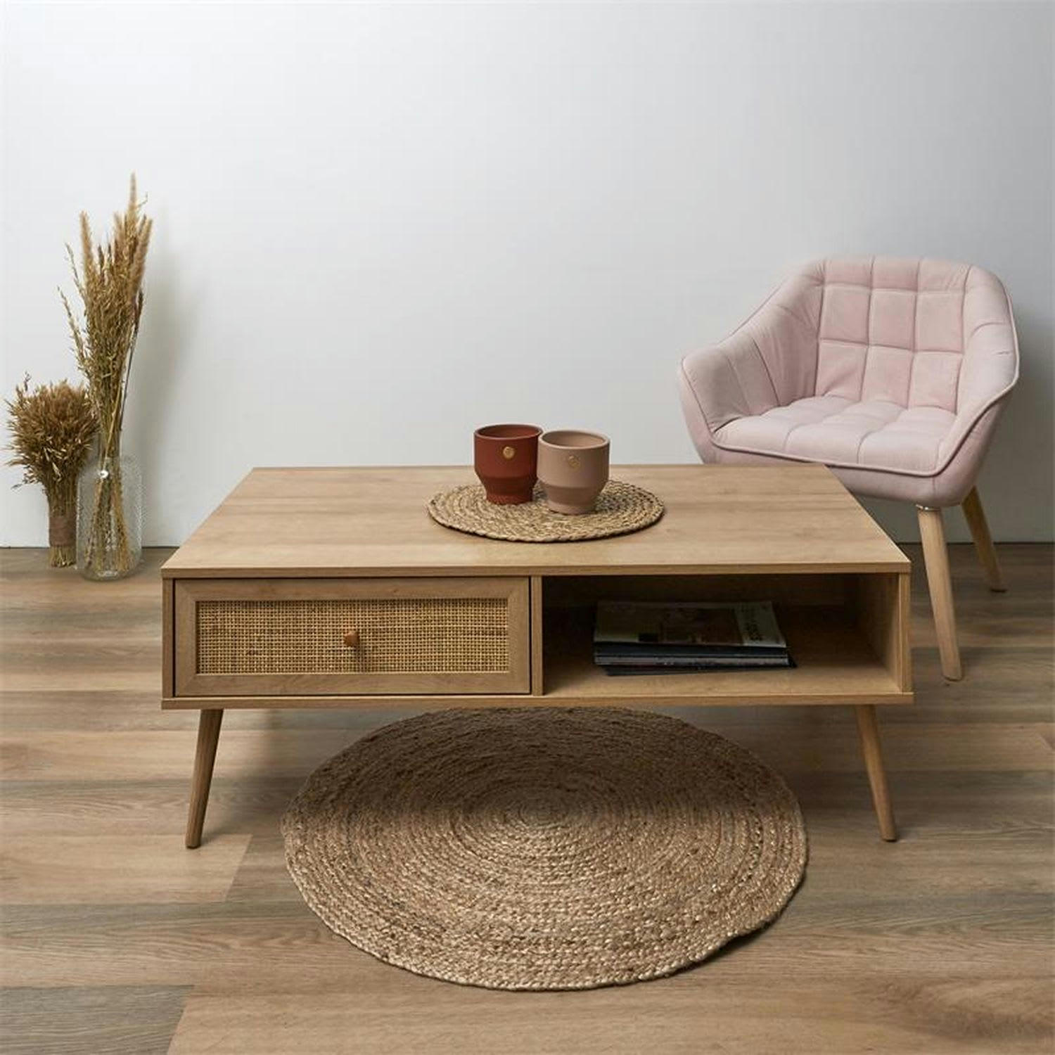 BALI - Table basse en cannage et bois contreplaqué