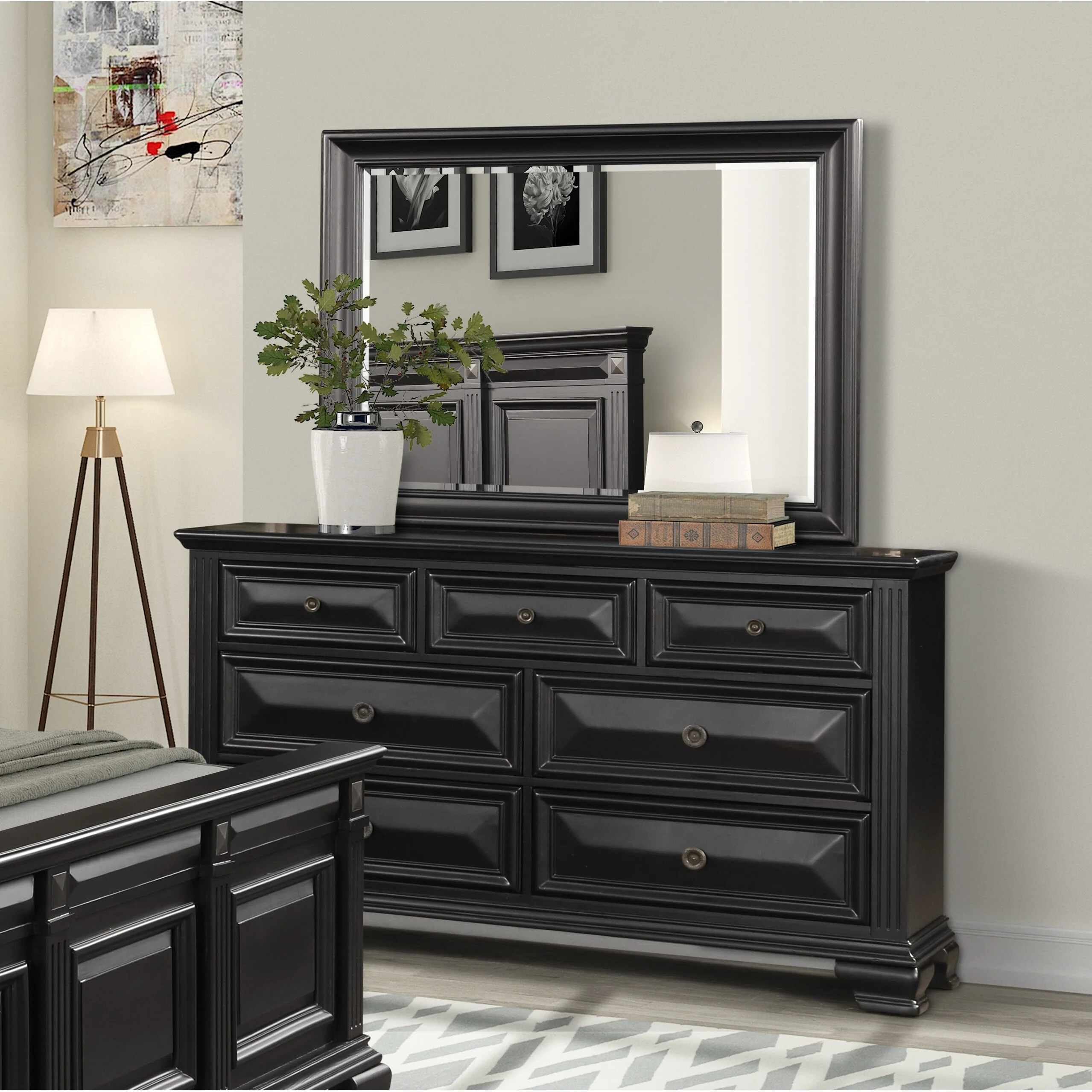 Roundhill Furniture Renova Vintage Black 7-Drawer Dresser with Mirror