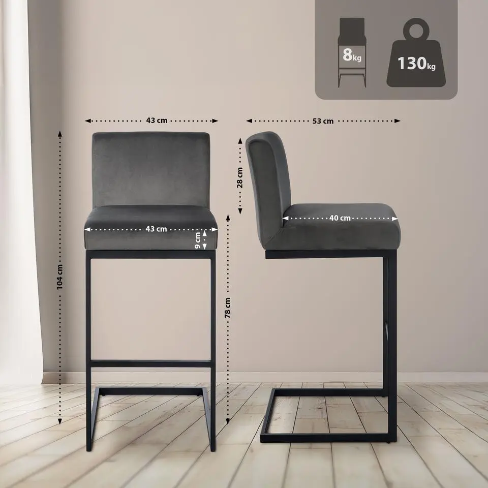 CLP Barkruk Hopewell zwart Frame - Fluweel - grijs