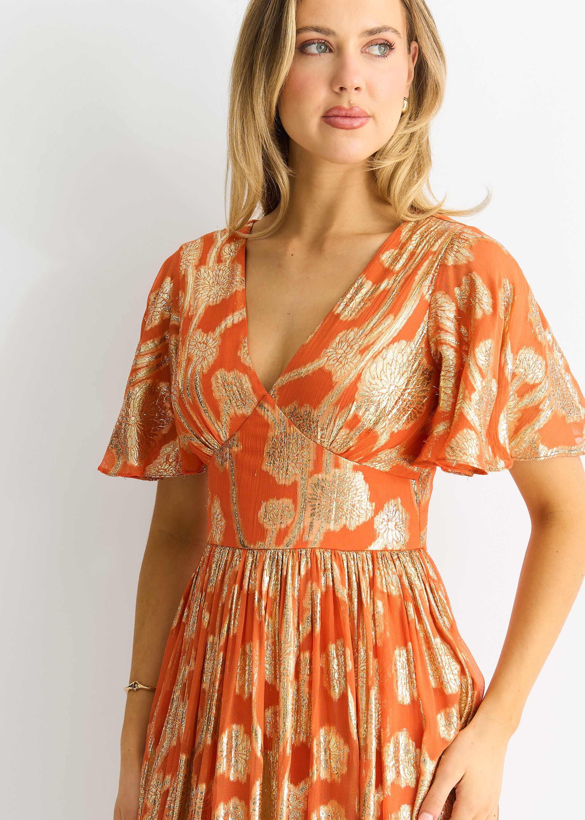 Gini London Orange Metallic Jacquard Flutter Sleeves Maxi Dress
