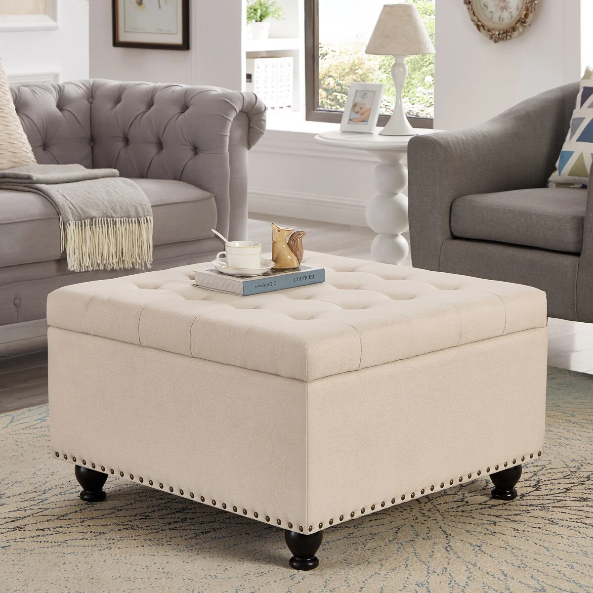 Large Square Storage Ottoman Upholstered Button Tufted Coffee Table - 30W x 30D x 18H.