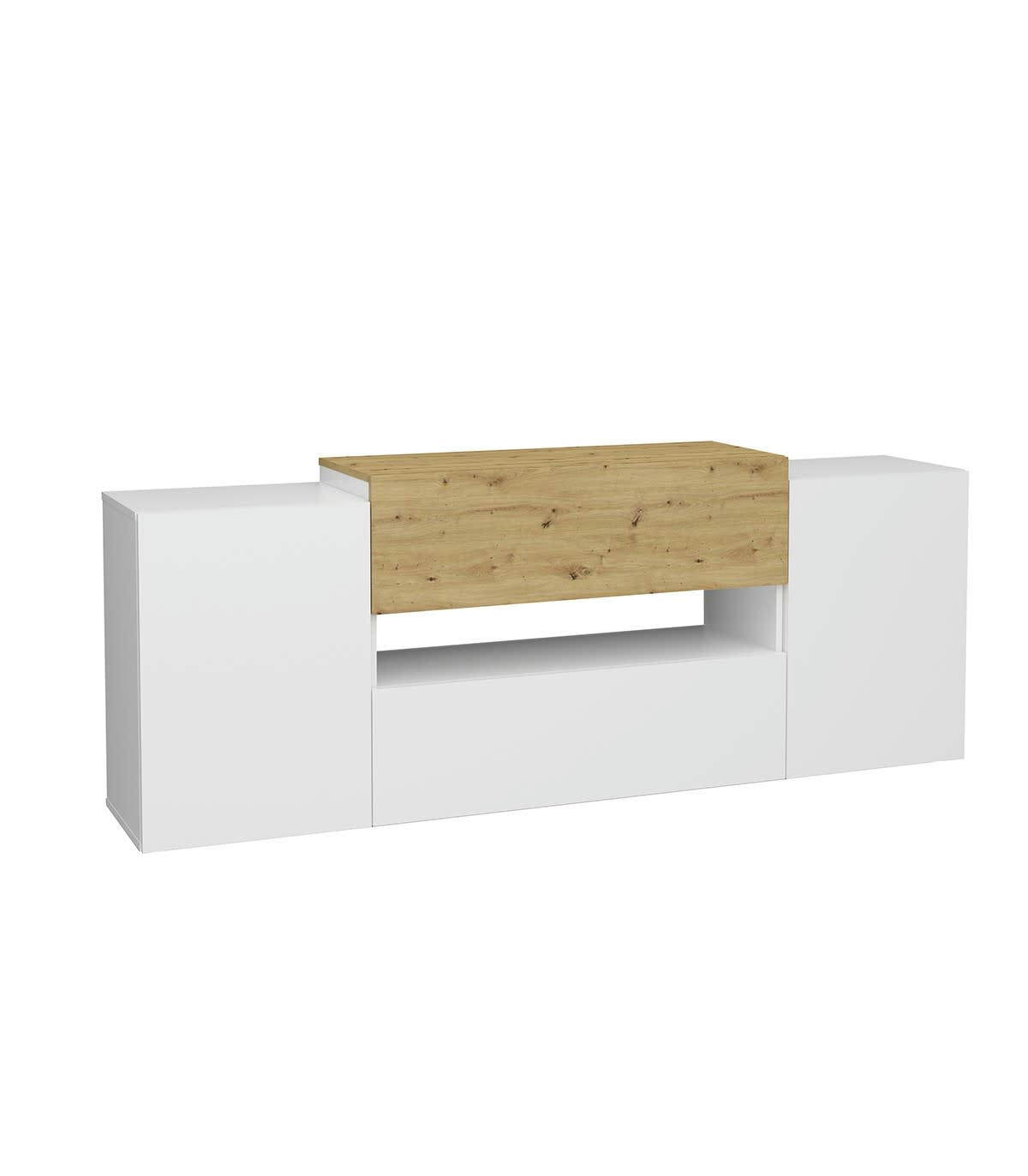 OLPE - Meuble TV 2 portes 2 tiroirs blanc brillant et chêne artisan - L182 cm