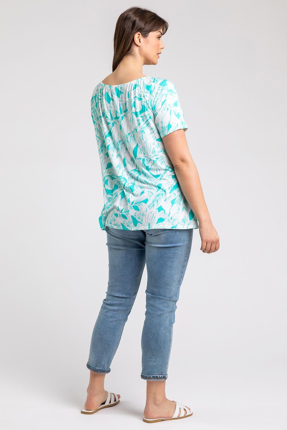 Roman Curve Leaf Print Swing Tunic Top