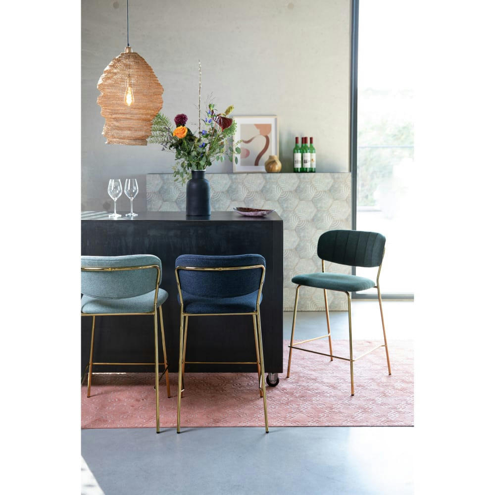 JOLIEN - Lot de 2 tabourets de bar en tissu avec pieds dorés bleu foncé