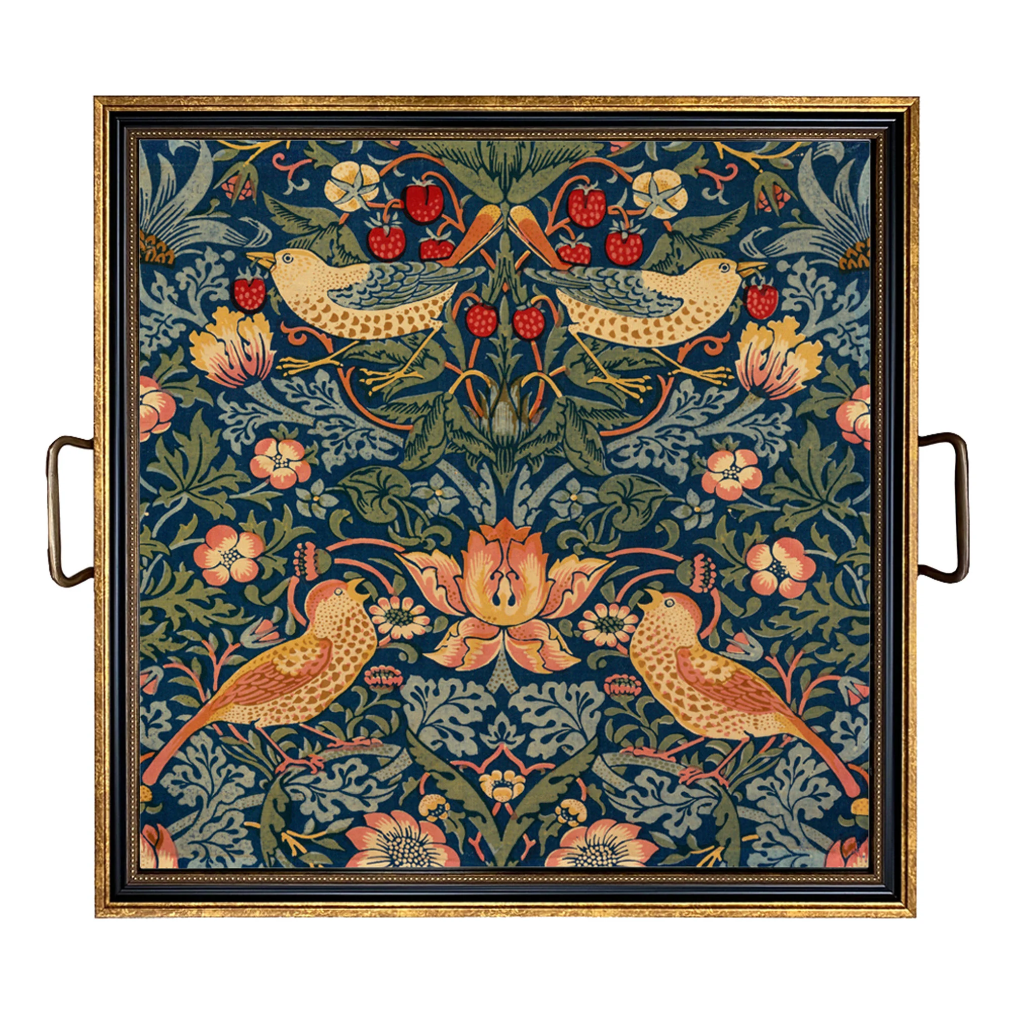 William Morris Strawberry Thief Decorative Tray with Brass Handles, Coffee Table Tray, Ottoman Tray