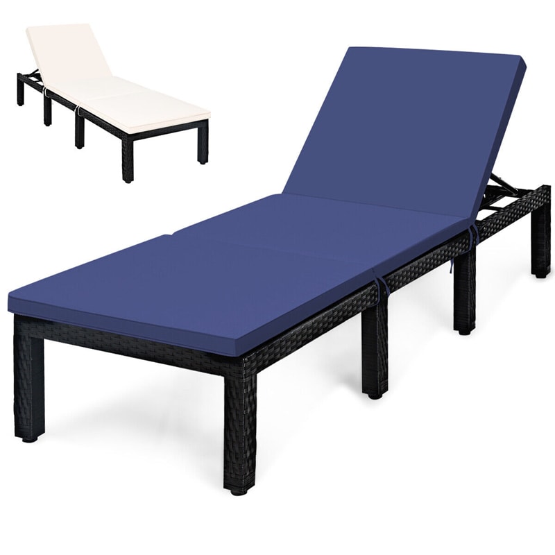 Patio Rattan Lounge Chair Adjustable Backrest Wicker Outdoor Chaise Lounge with Seat Back Cushions & 2 Color Covers