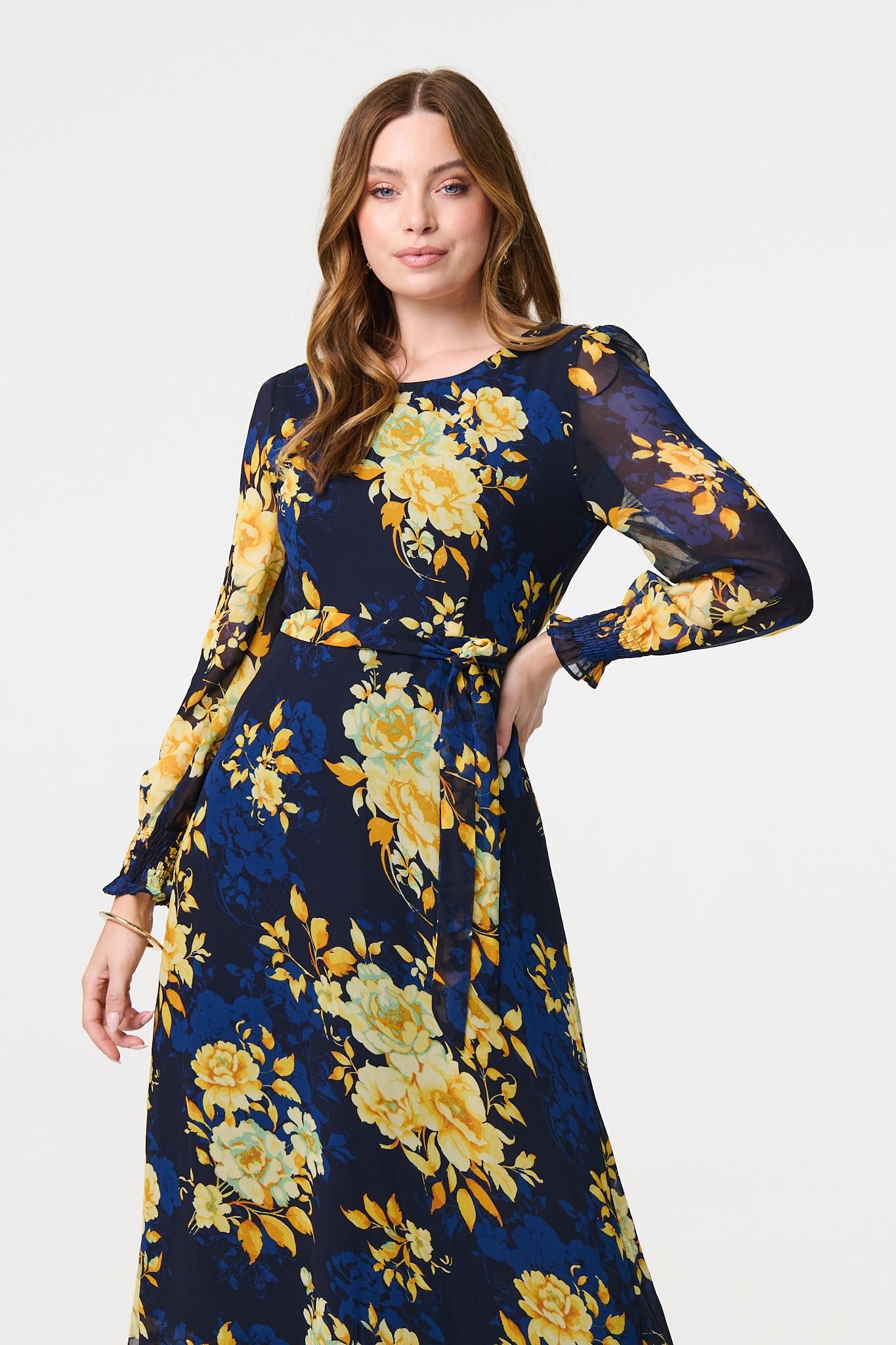 Izabel London Floral Long Sleeve Chiffon Midi Dress