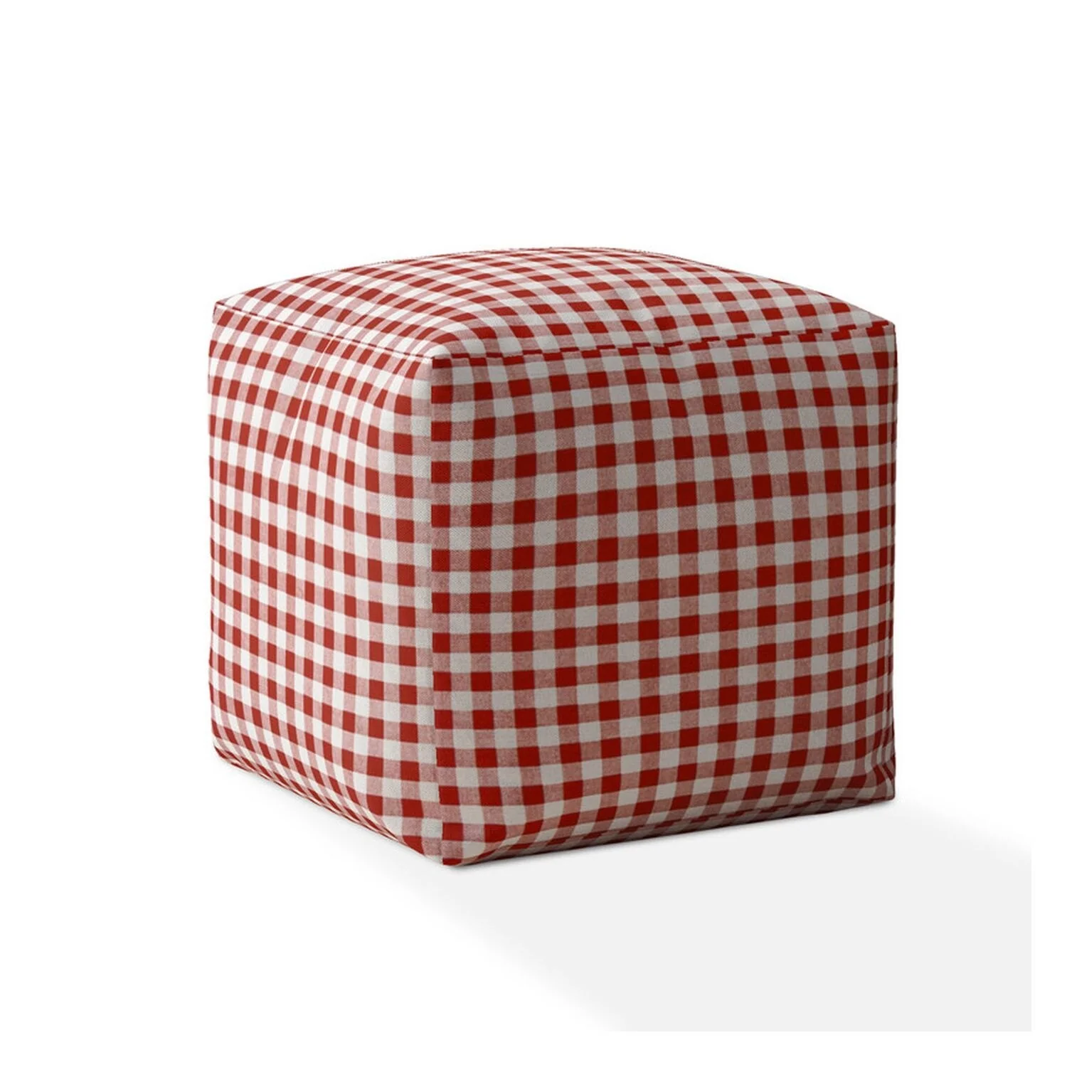 HomeRoots 17 Red and White Cotton Gingham Pouf Ottoman