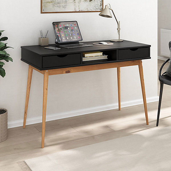 Bureau STEFANO en pin massif avec 2 tiroirs et 1 niche - Coloris noir et chêne