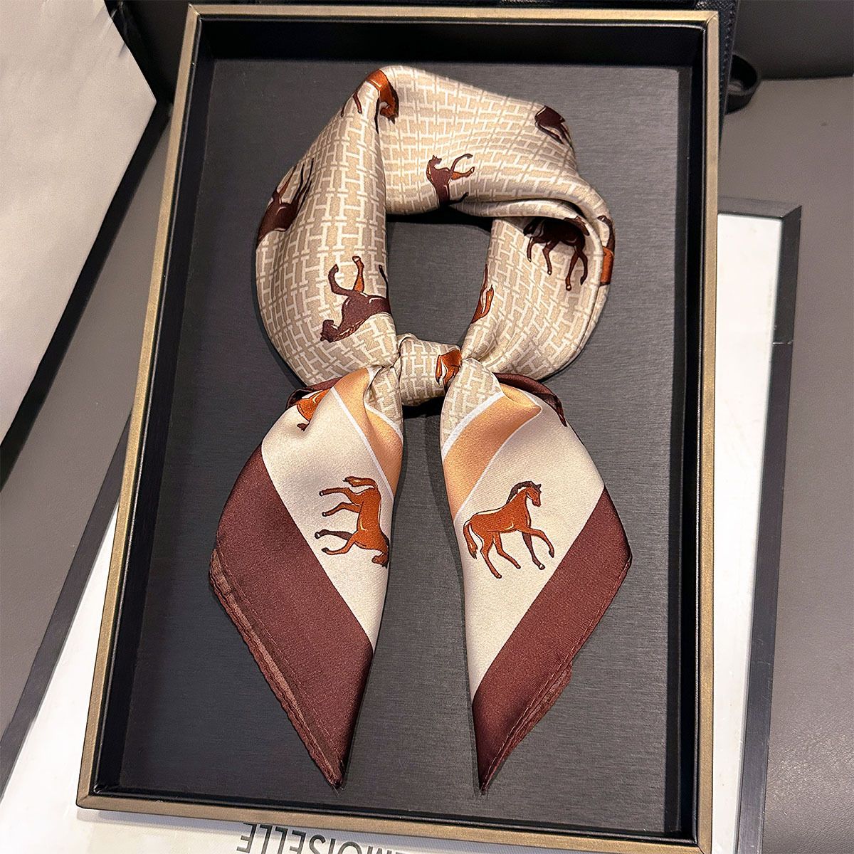 PEACH ACCESSORIES Horse Print Silk Feel Neck Square Scarf in Beige