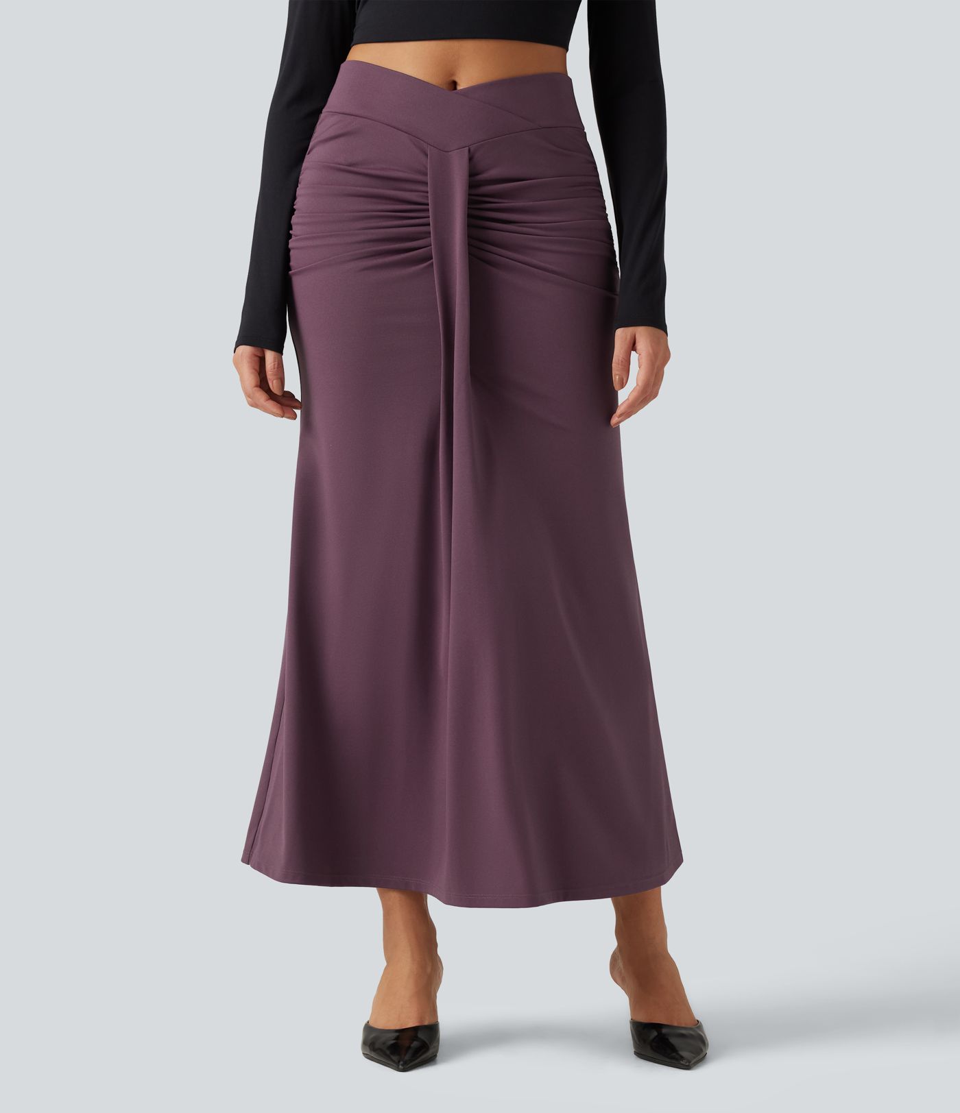 Jupe maxi coupe sirène taille haute croisée et froncée