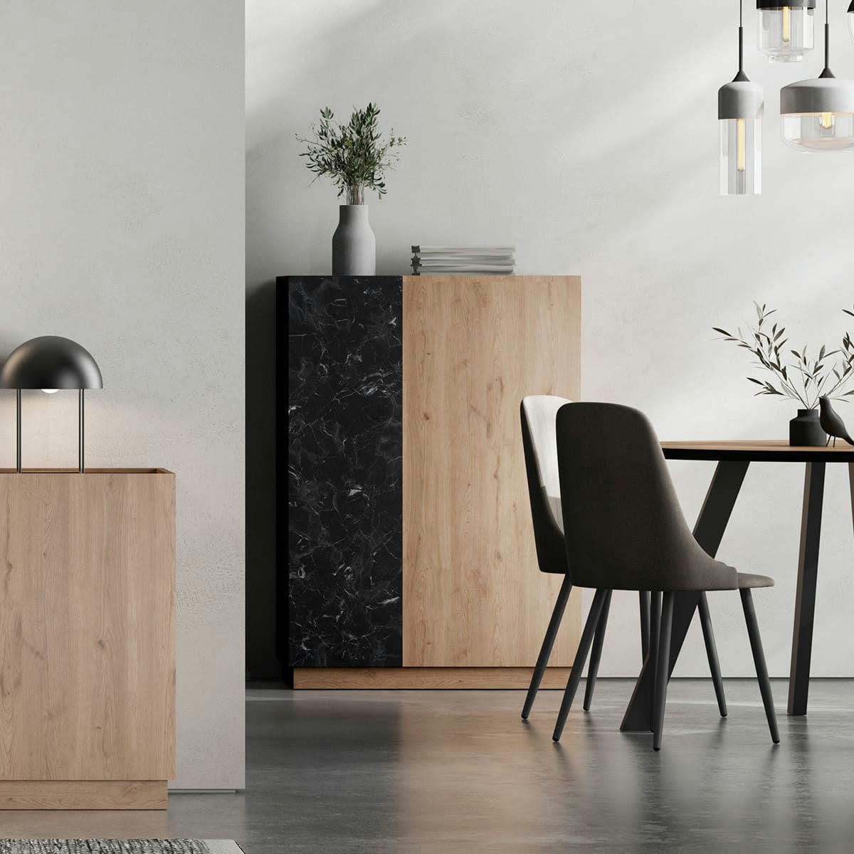 DILAN - Buffet haut 2 portes effet bois et marbre noir 90 cm