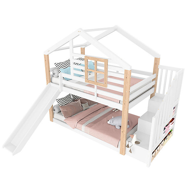 Lit superposé enfant scandinave, toboggan, escalier, bois massif, certifié EN 747
