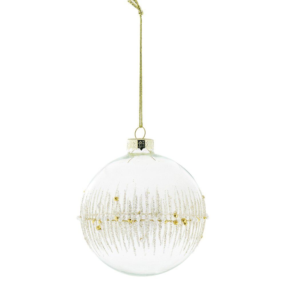Boule de No&euml;l en verre transparent perle et ligne dorée et blanche
