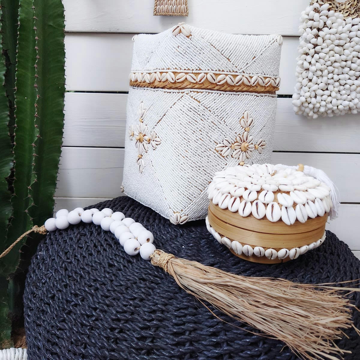 TUTTY - Boîtes en bambou, perles et coquillages, blanc Lot de 3