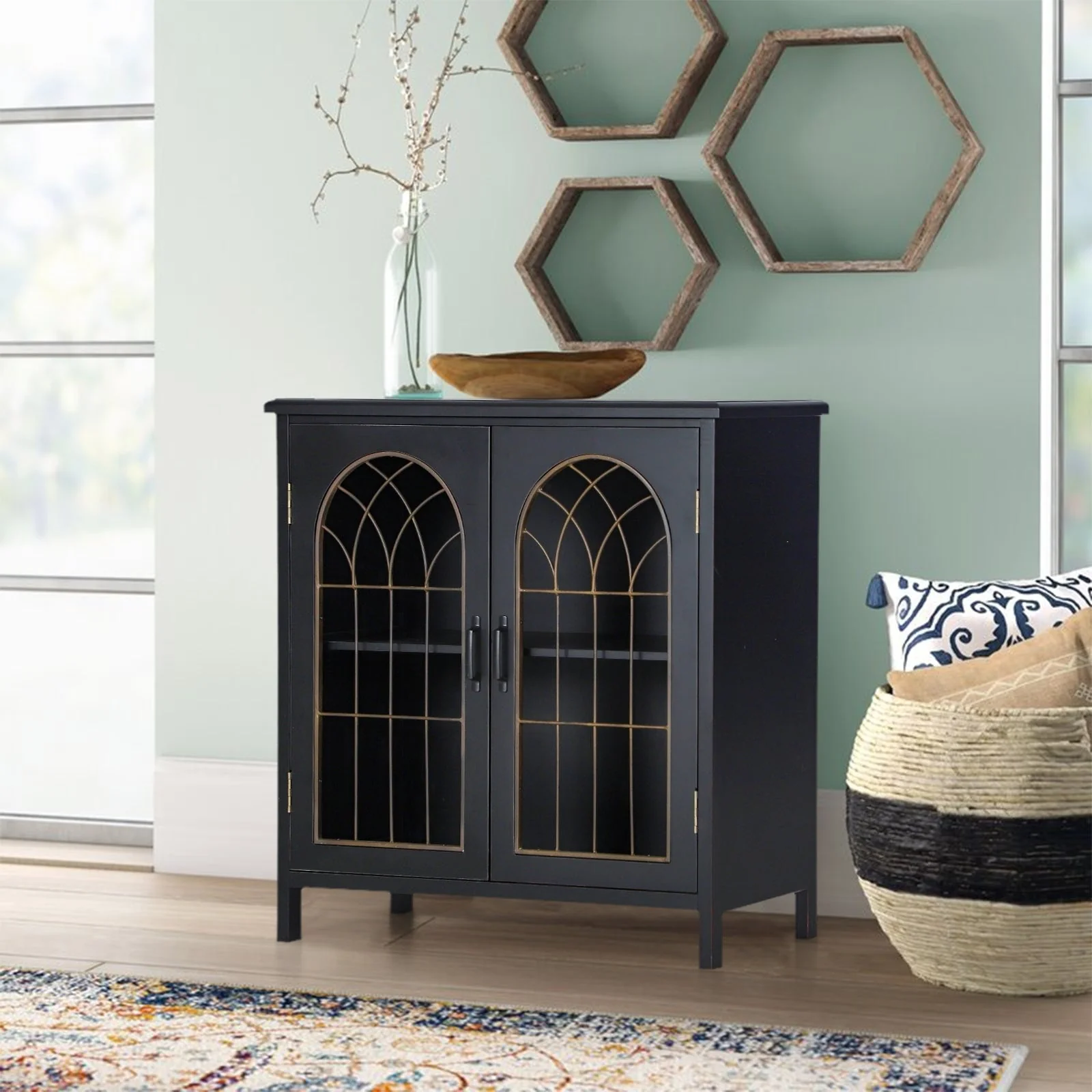 Vintage Wire Hollowed Window Accent Storage Cabinet with 2 Doors