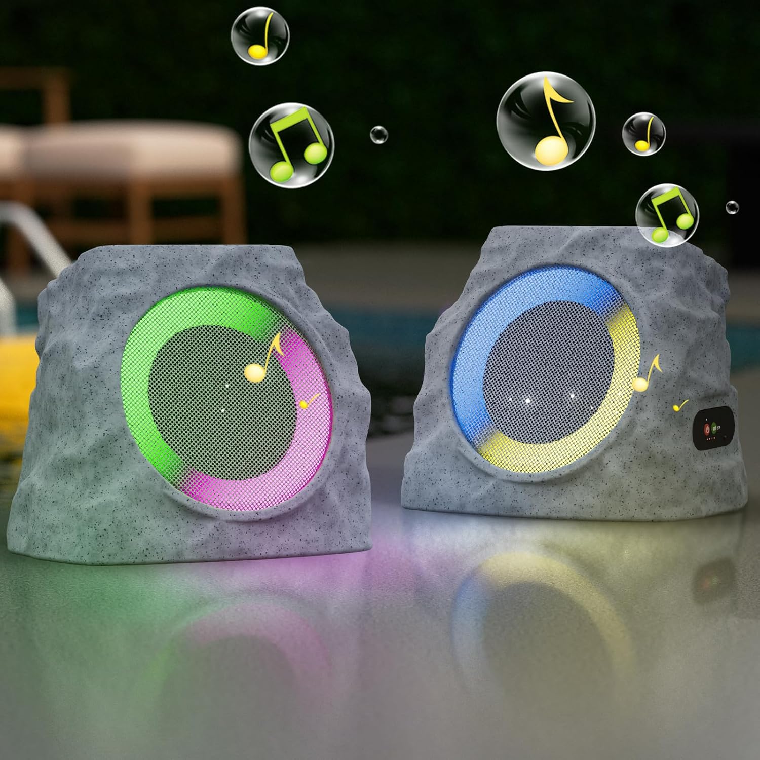 uuffoo 2-Pack Solar Powered Rock Speakers Outdoor Water-Resistant IP44 Rock Speaker with Lights RGB Colors and USB Charging for Patio Pool Party Yard Garden Outside