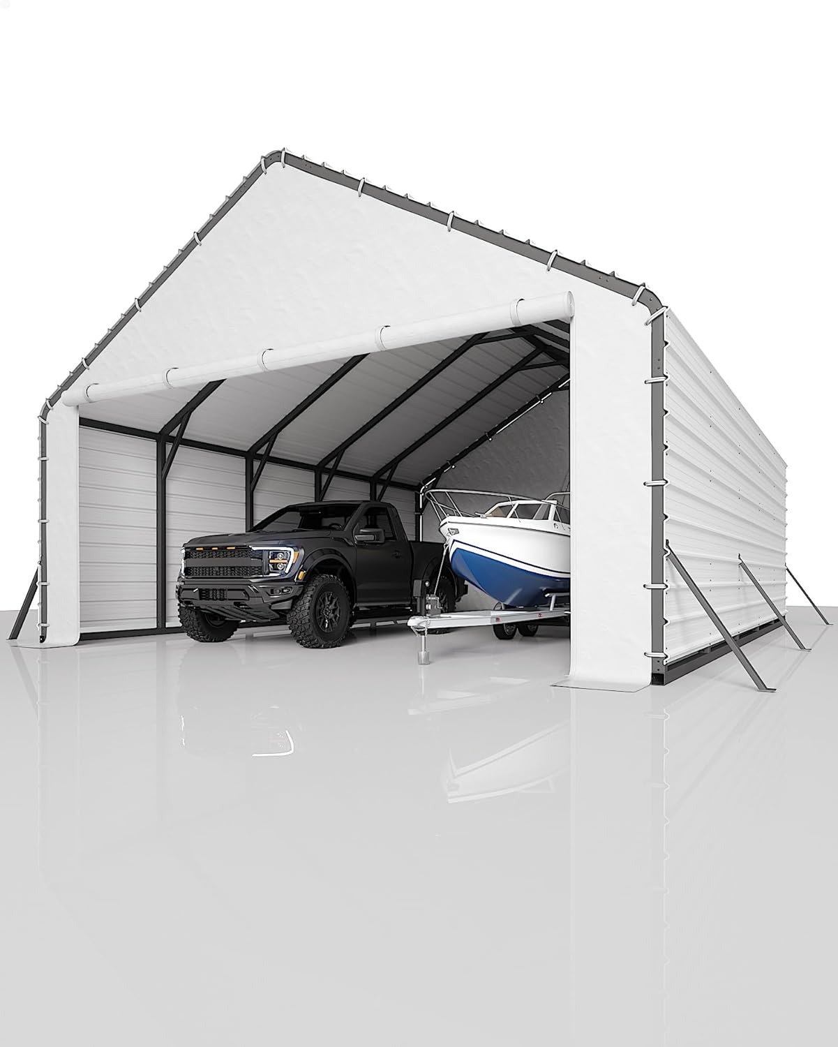 GarveeLife Heavy-Duty PE Enclosure Kit (2-Pack) for Metal Carport - 220gsm Roll-Up Zipper Door Panels for 20x25, 20x20 ft, with Ball Bungees, White