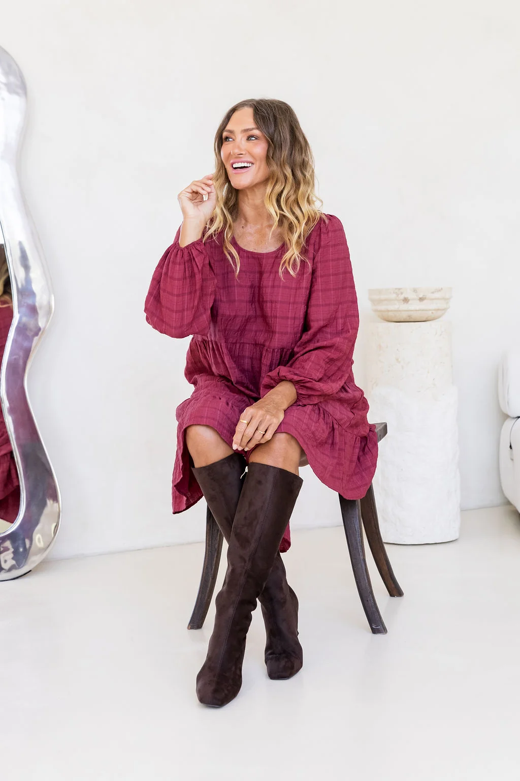 Long Sleeve Greta Dress in Wine
