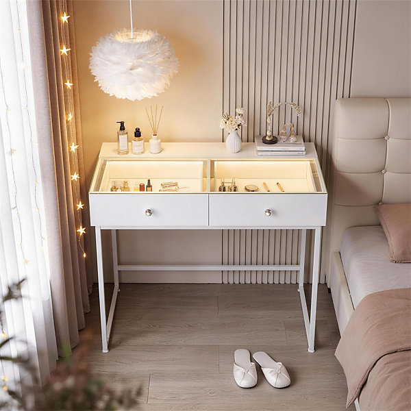 Coiffeuse Avec Eclairage LED Sans Miroir Blanc 100x55 cm Meuble De Toilette 2 Tiroirs