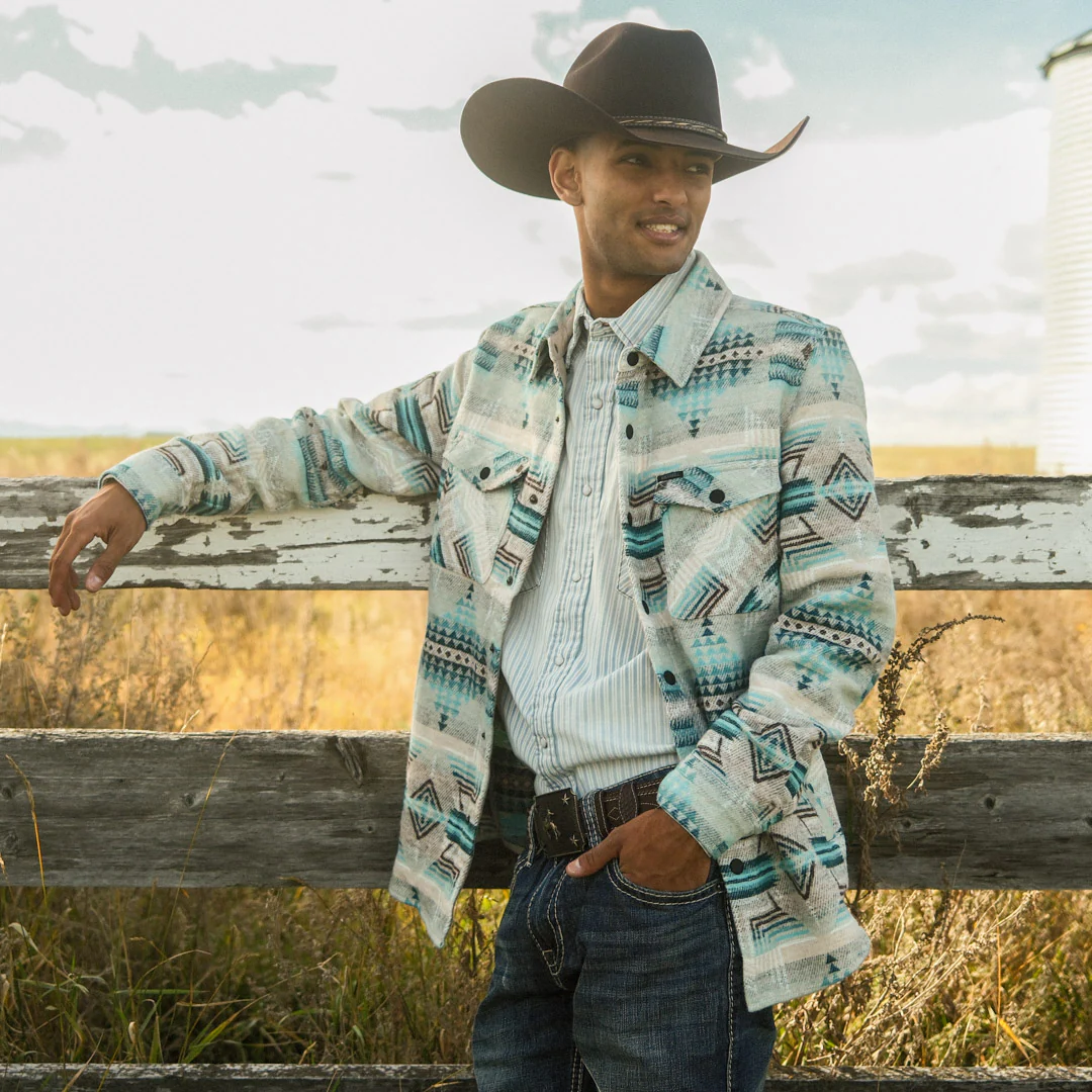 Мужская джинсовая рубашка-куртка в стиле рок-н-ролл с ацтекскими мотивами