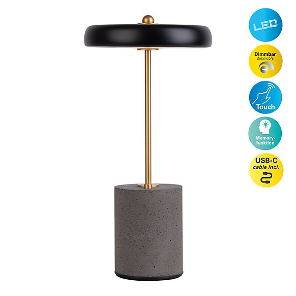 Lampe de table à accu 'SETA' noire hauteur 30 cm en métal et béton, avec LED fixe