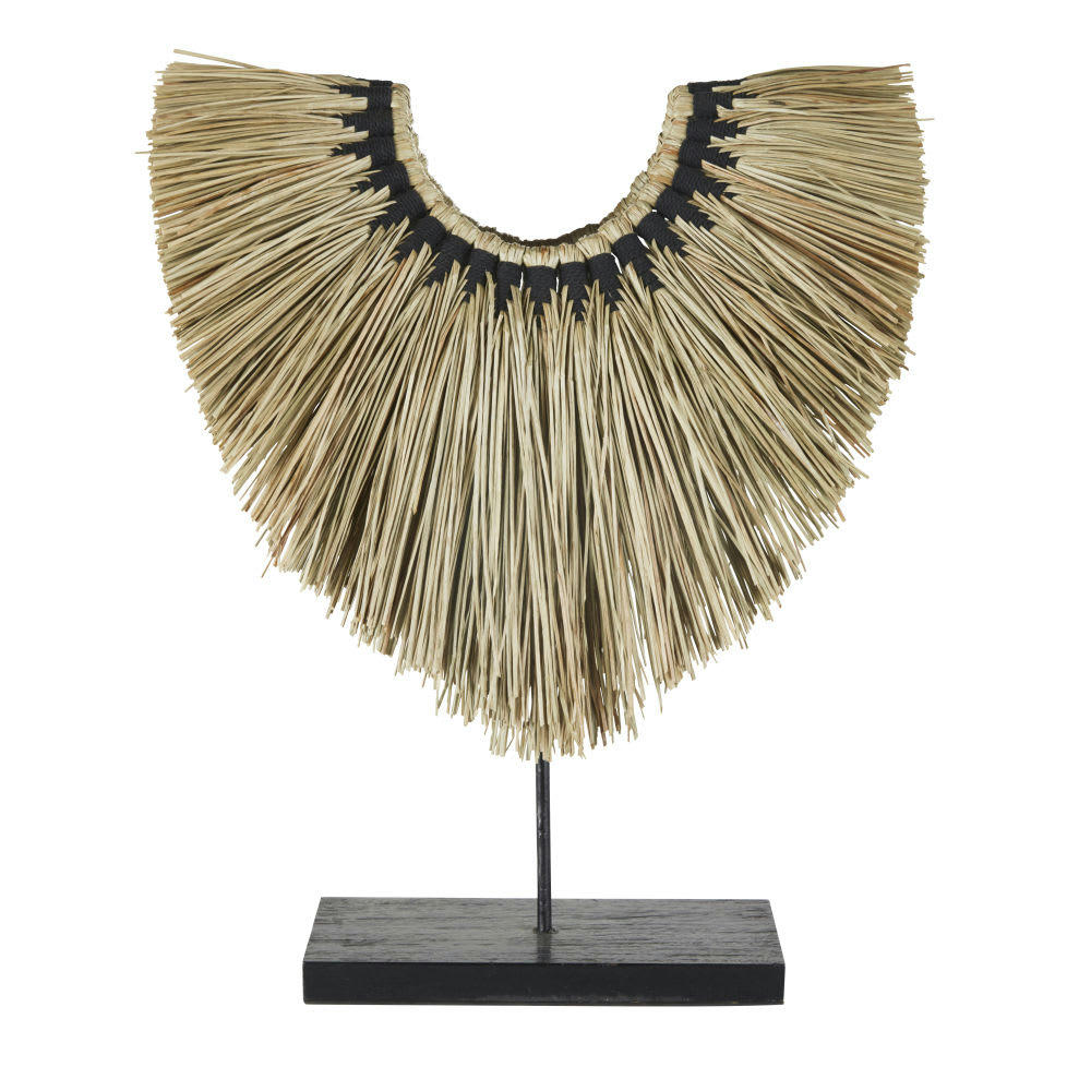 - Déco à poser collier tressé en fibre de bananier avec fils noirs et base en bois de teck