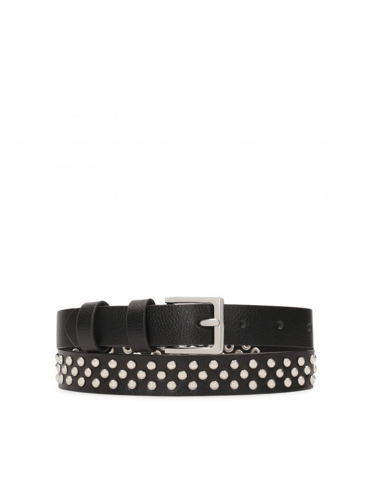 Black narrow belt decorated with silver rivets