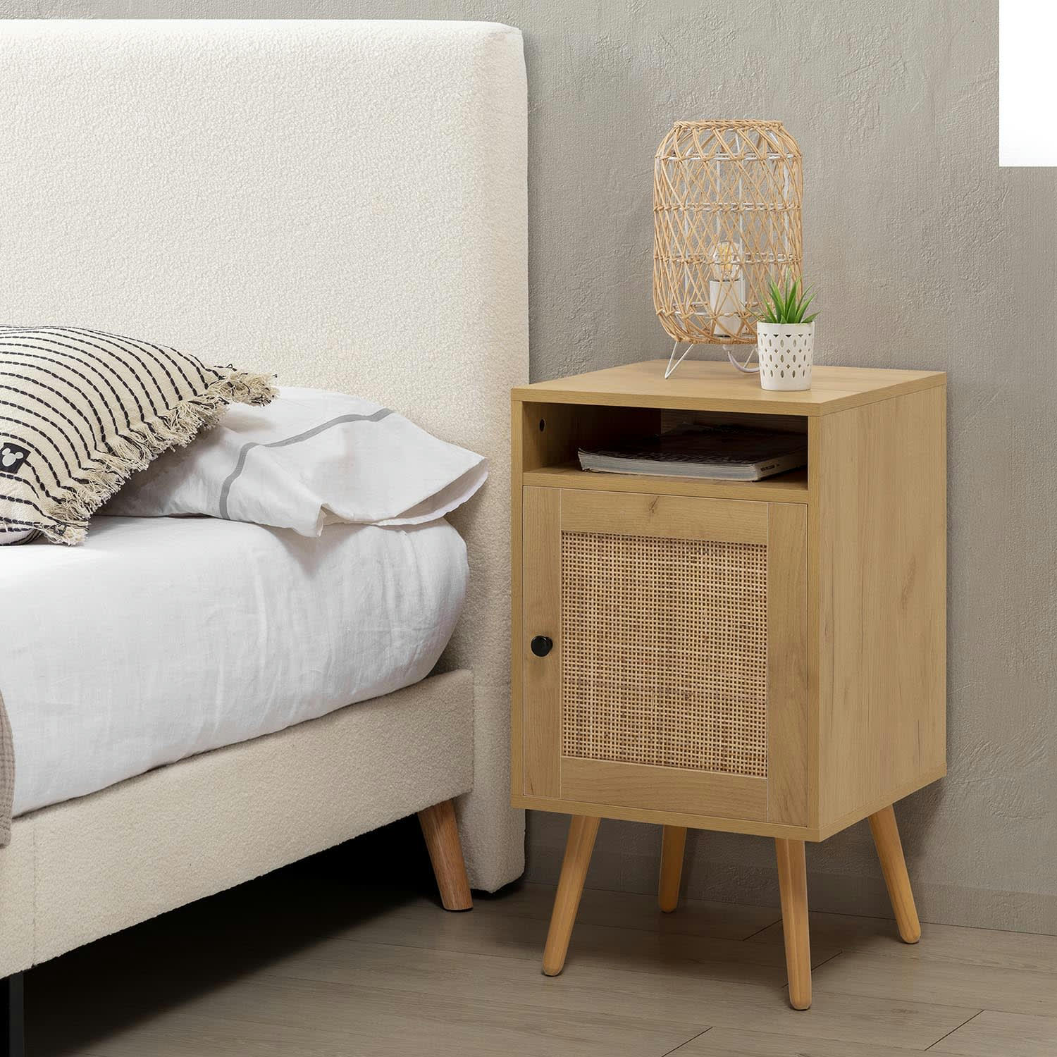 BELLA - Table de chevet 1 porte couleur chêne, rotin naturel