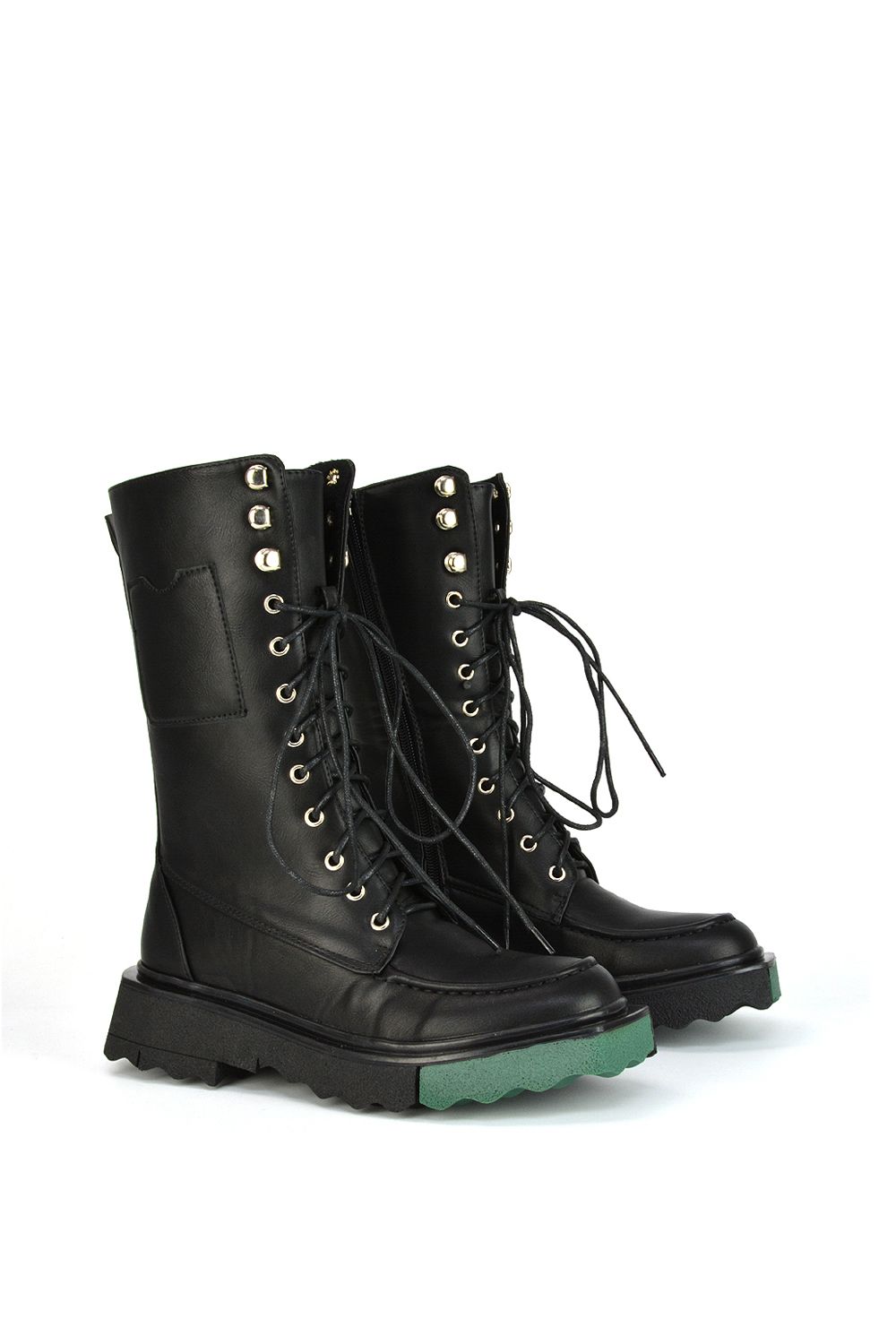 XY London Blakely' Flat Wedge Green Sole Biker Lace Up Ankle Boots
