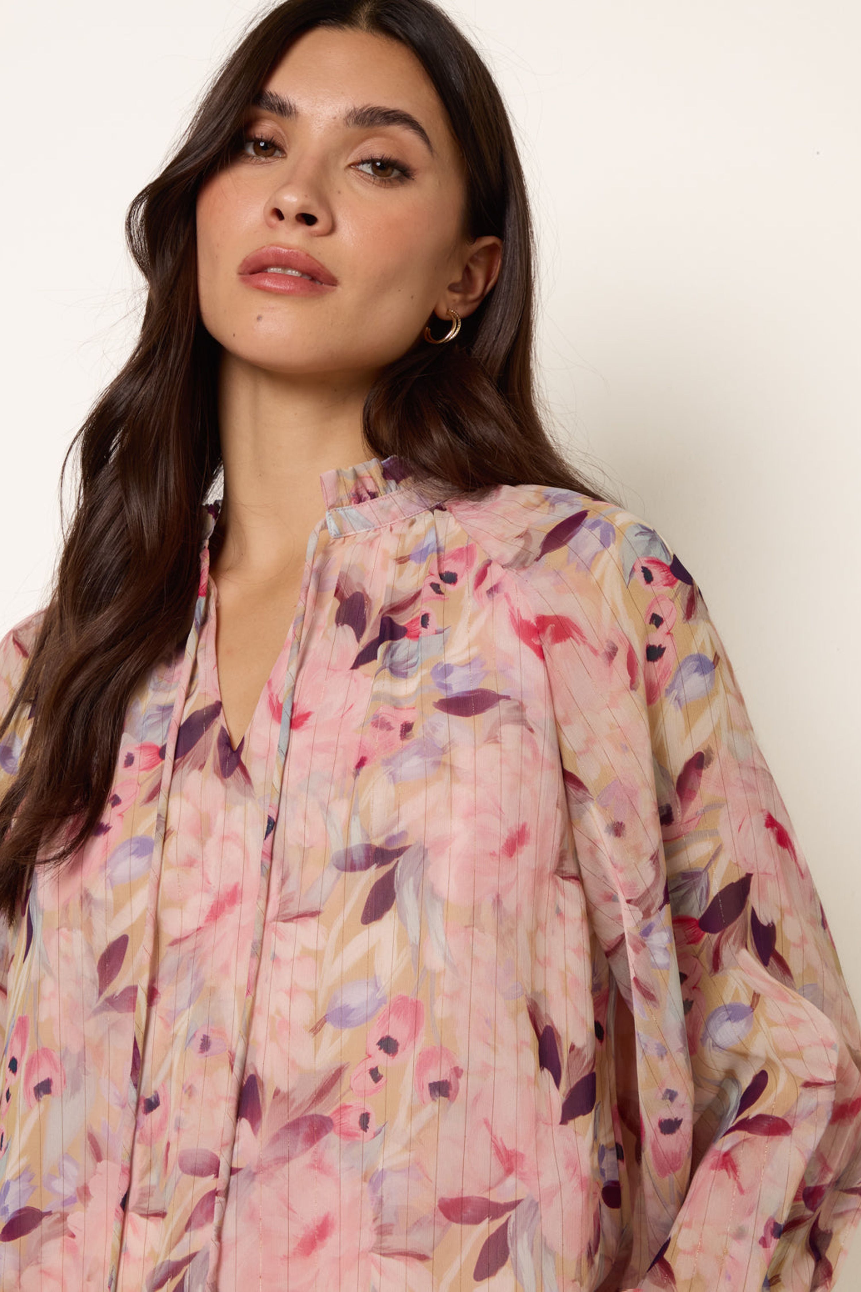 Blue Vanilla Pink Watercolour Floral Printed Tie Front Blouse