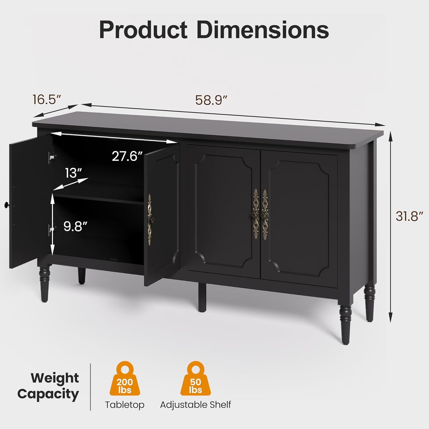 RoyalCraft 59 Buffet Cabinet with Storage, Vintage Sideboard with Adjustable Shelves & Carved Handle, Mid Century Modern Painted Credenza Coffee Bar for Kitchen, Dining Room, Satin Black