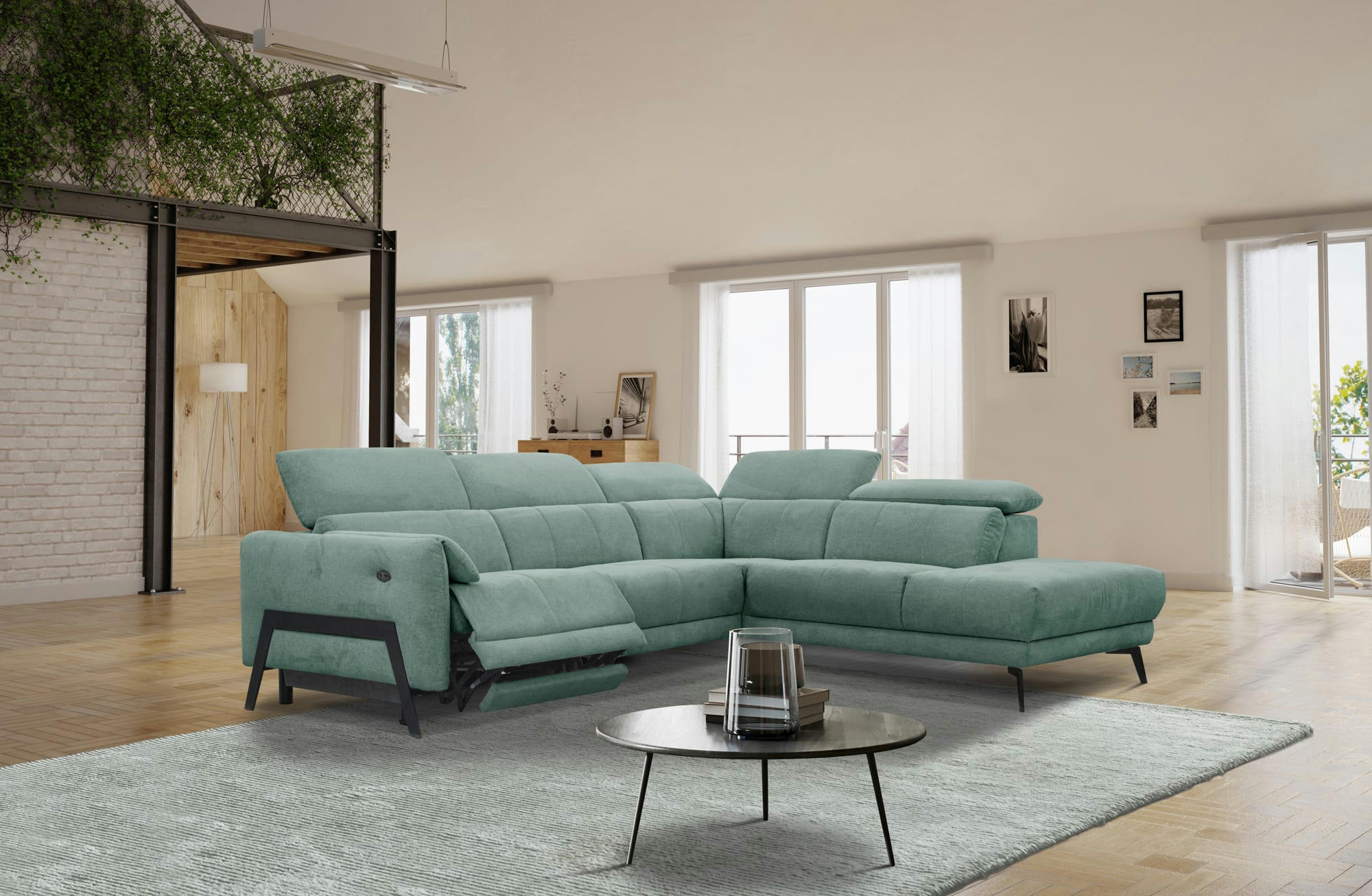 SCALA - Canapé d'angle droit, 5 places avec une relax électrique, Tissu Vert