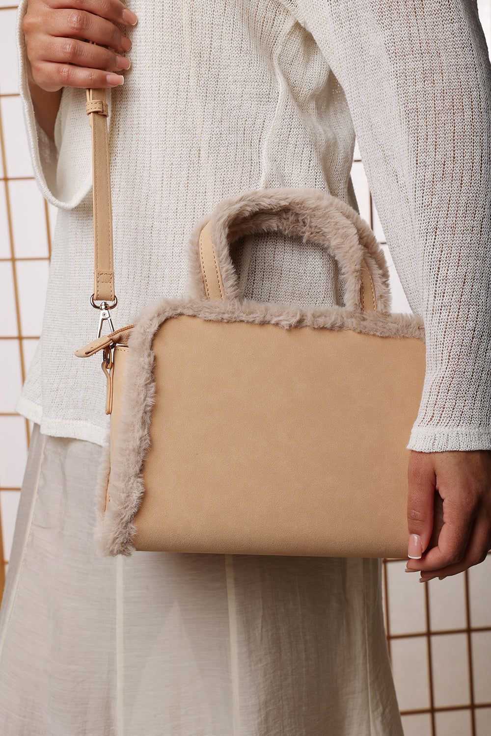 Where's That From Kismet' Borg Trim Tote Bag with Cross Body Strap
