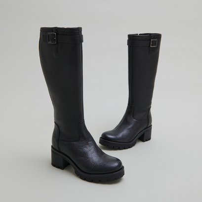 Bottes à semelles crantées et bouclesen cuir grainé noir | MIDAS