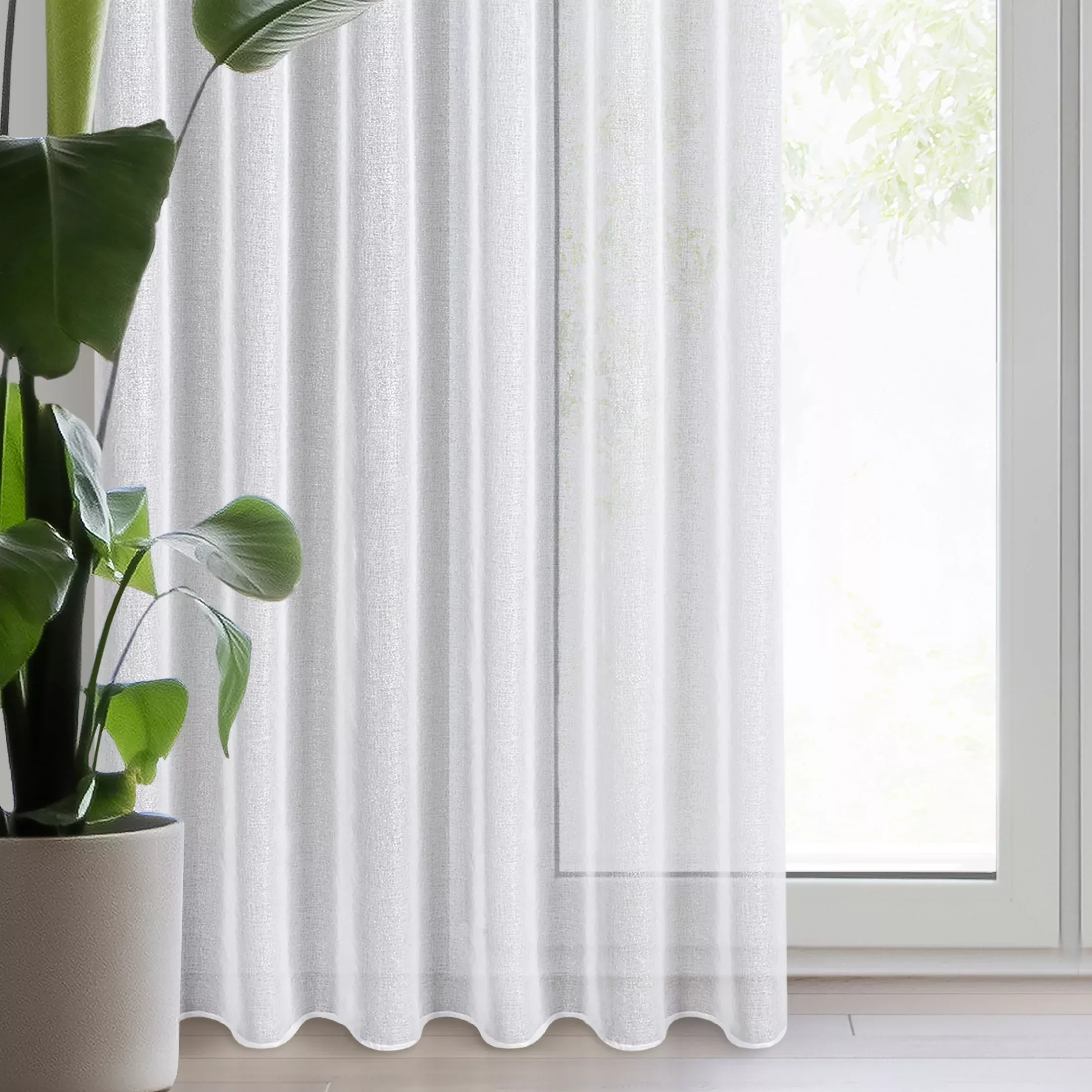 Firana biało, srebrna z gładkiej etaminy z efektem połysku 350x270 cm taśma LENA