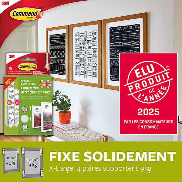Assortiment de languettes adhésives accroche tableau 3M Command blanc L - XL