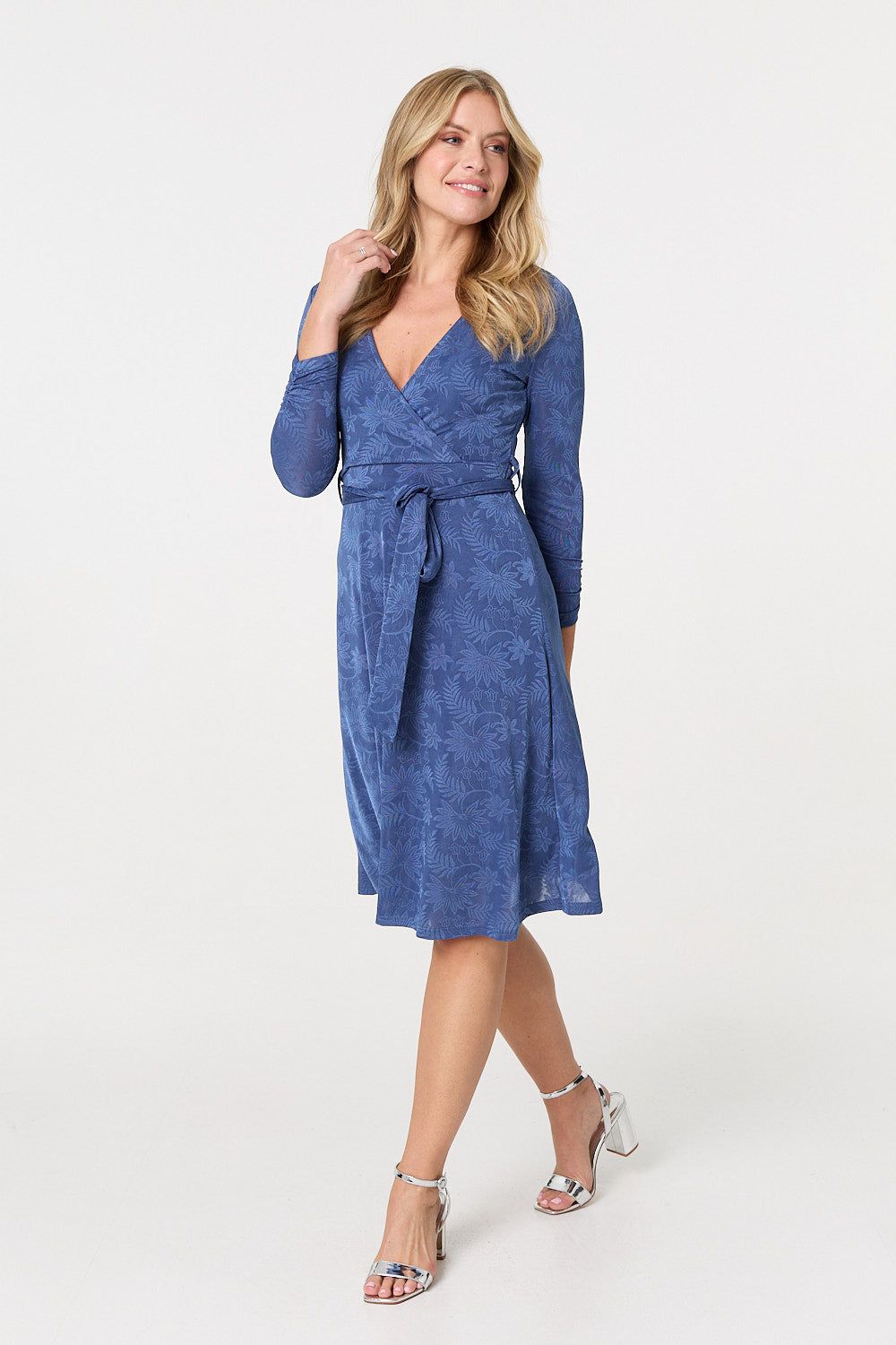 Izabel London Floral Embossed Tie Waist Knee Length Dress