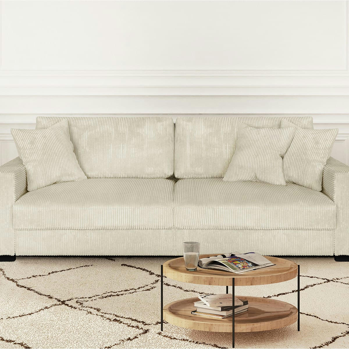 ROBIN - Canapé convertible 3 places en velours côtelé beige