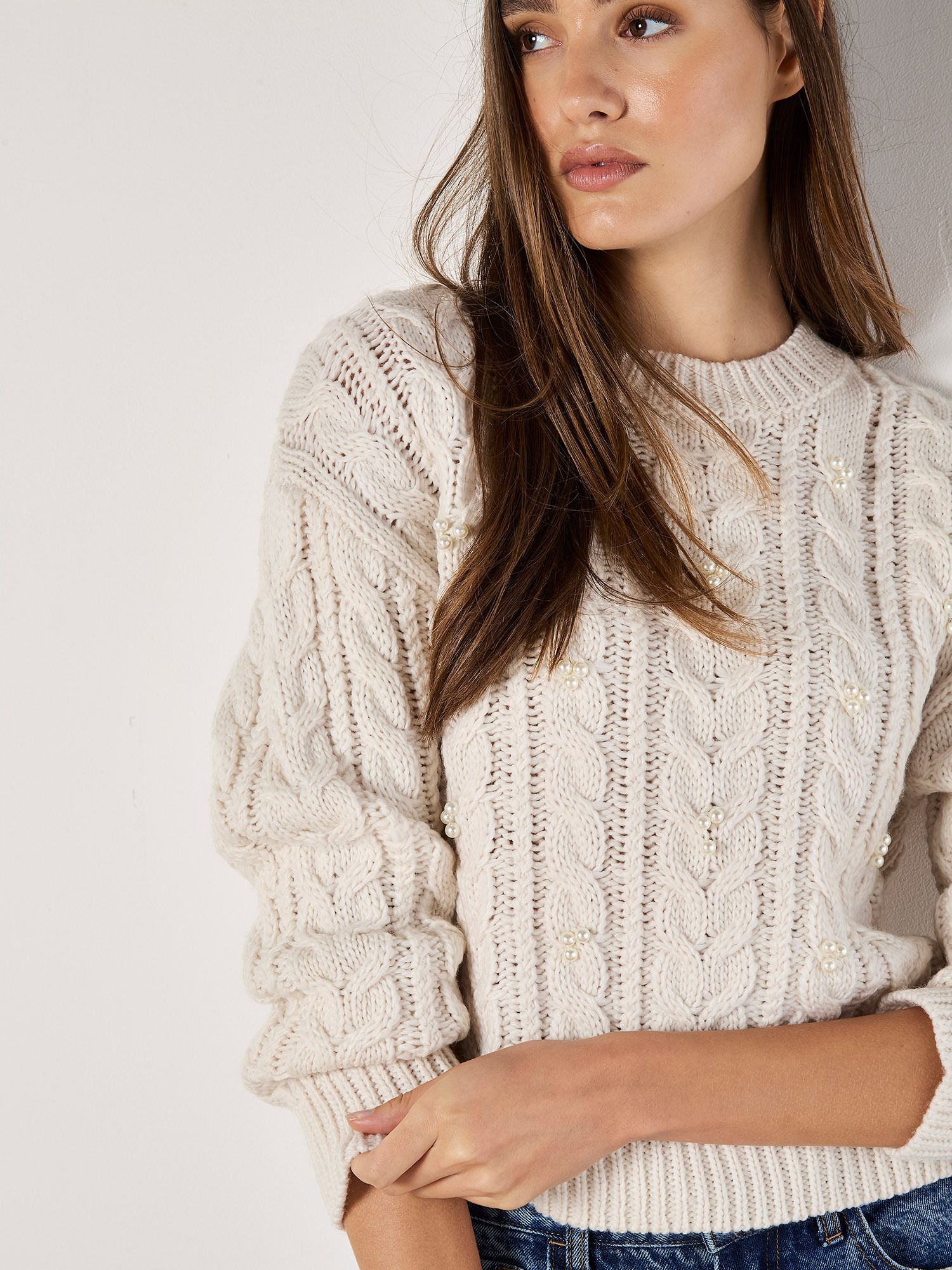 Apricot Pearl Embellished Cable Knit Jumper