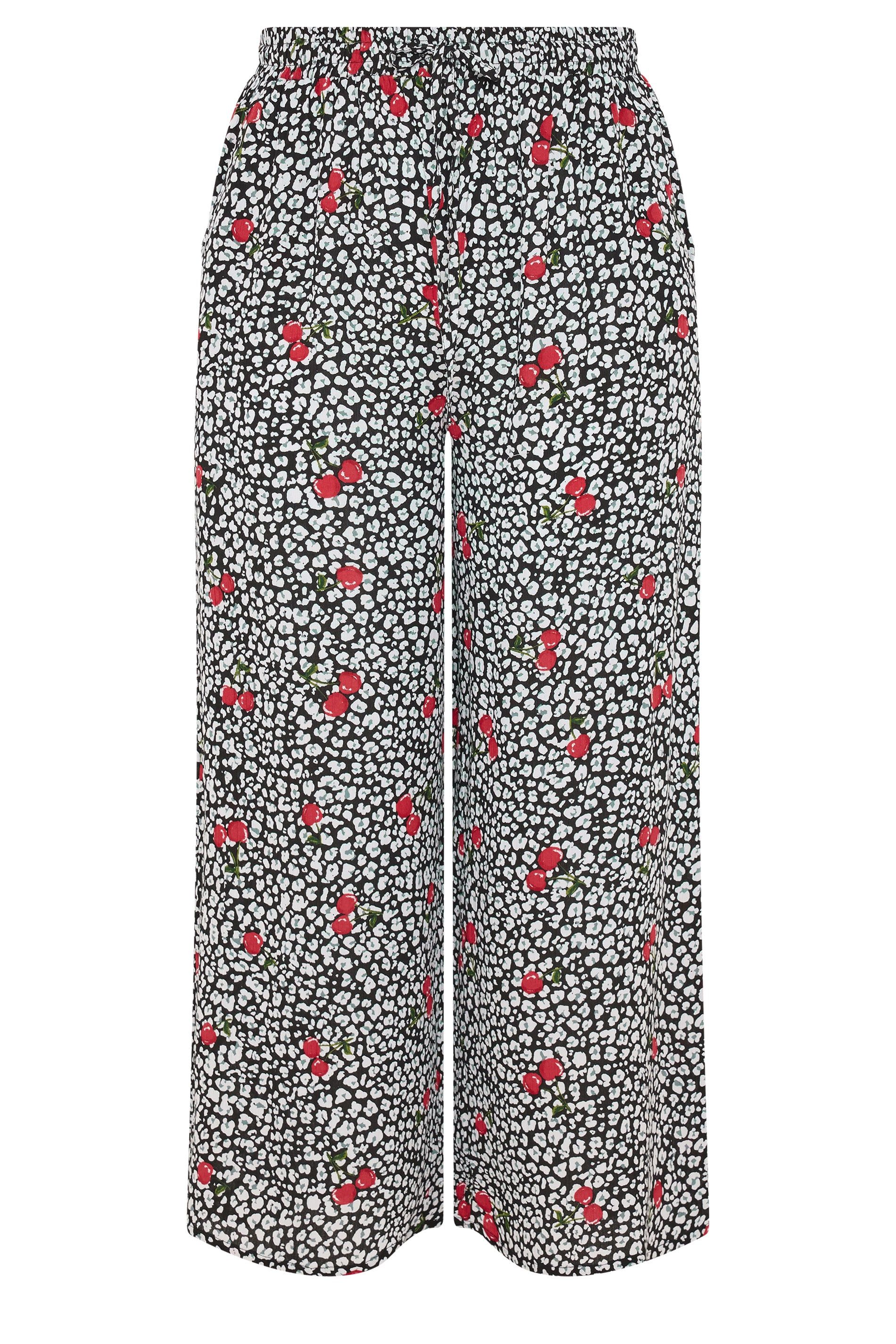 Yours Leopard & Cherry Print Crinkle Wide Leg Trousers