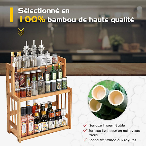 Etagere a Epices en Bambou Naturel,Porte-Epice a 3 Niveaux avec Tablette en Hauteur, pour Cuisine et Salle de Bain, 41.5x18x50CM