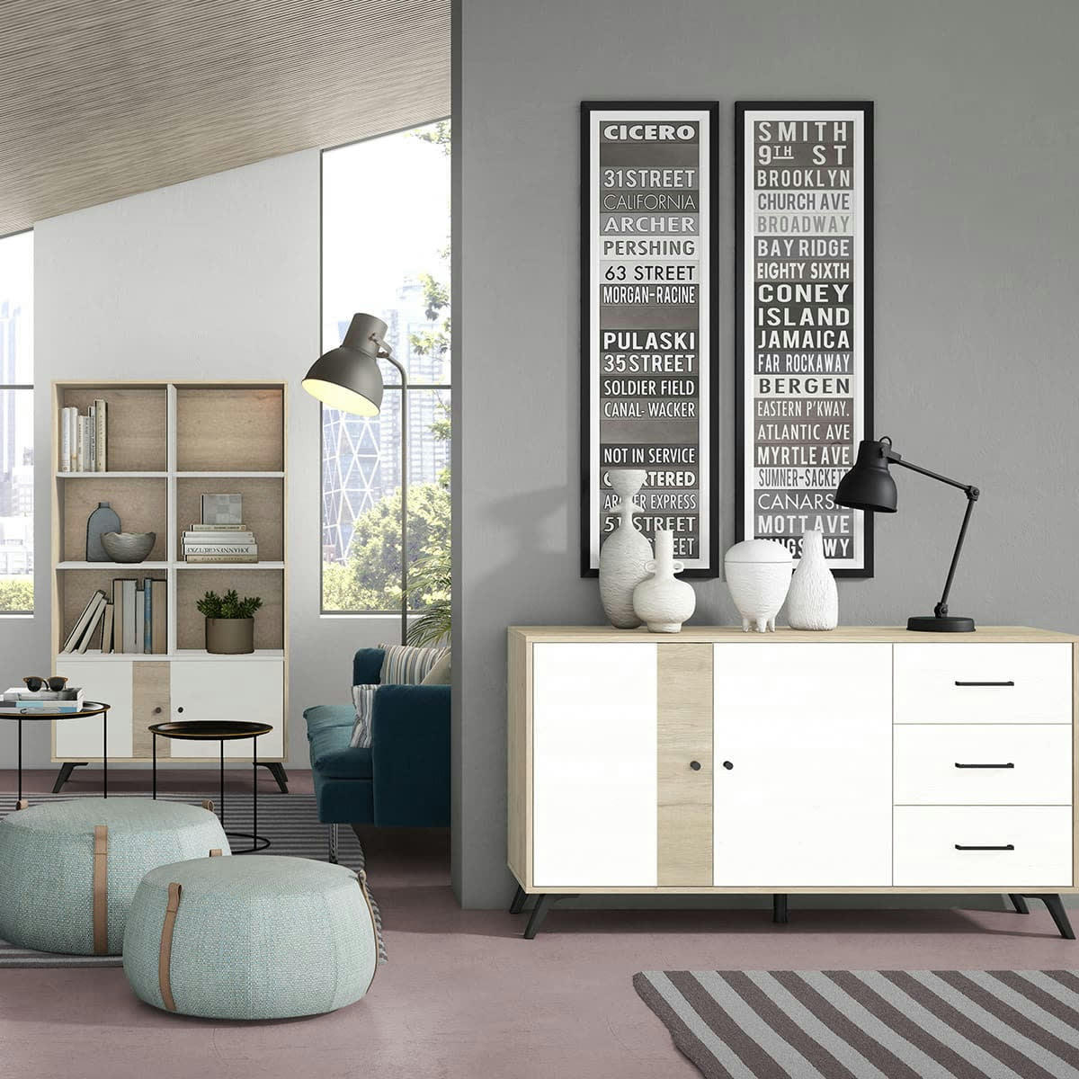 ARIZONA - Bibliothèque 2 portes blanc et effet bois 92 cm