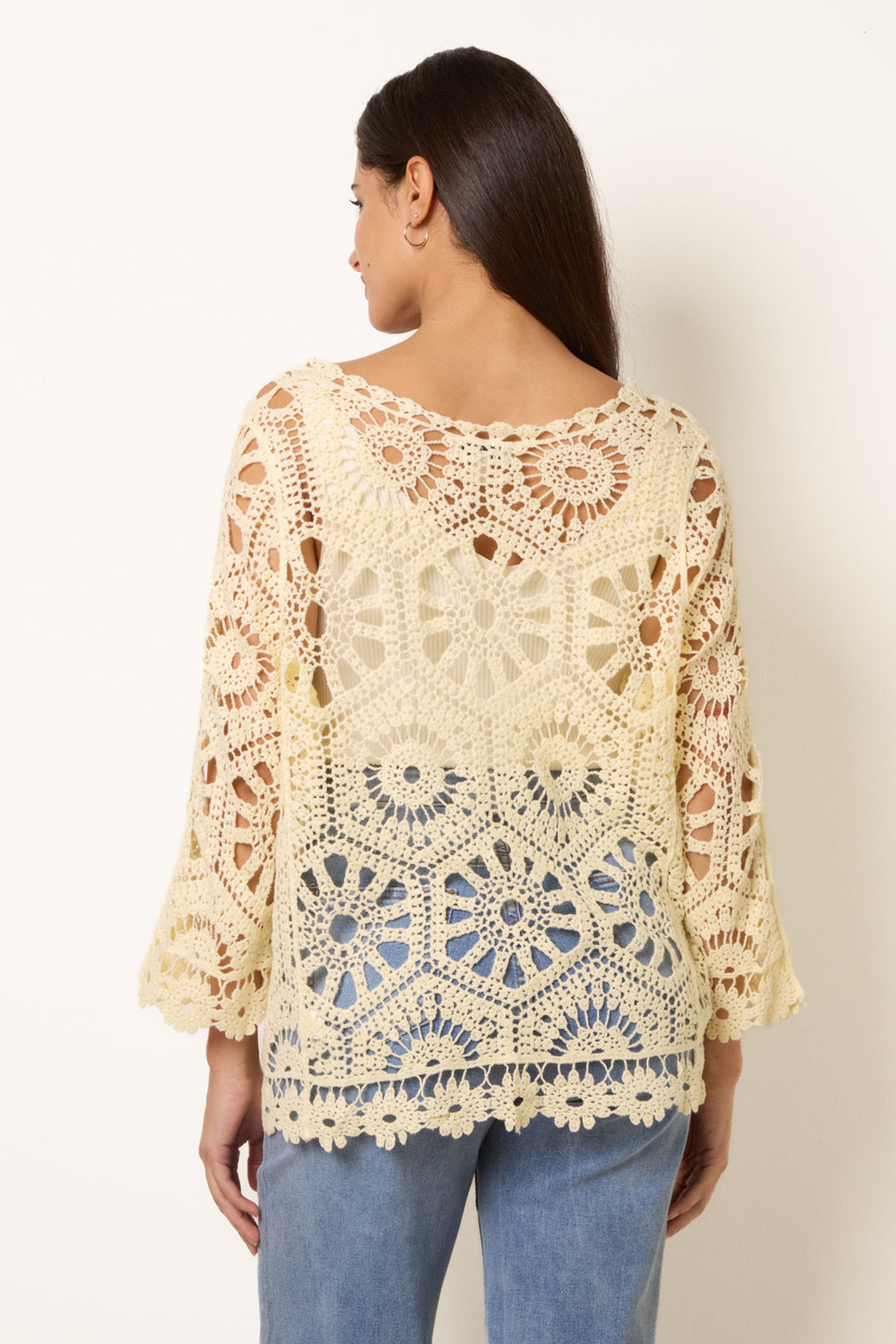 Blue Vanilla Lemon Long-Sleeved Crochet Cardigan